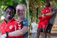Comfort Yeboah is lifted off the ground by her Spanish coach in a viral photo