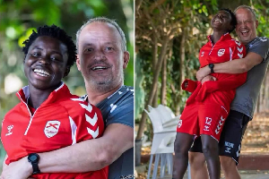 Comfort Yeboah is lifted off the ground by her Spanish coach in a viral photo Comfort Yeboah is lifted off the ground by her Spanish coach in a viral photo