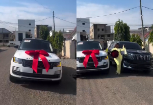 Fella Makafui flaunts brand-new white Range Rover wrapped in giant red bow