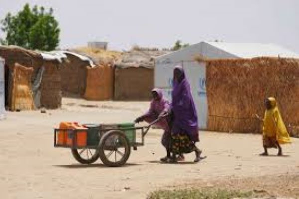 A woman and young girl displaced by Boko Haram attacks push a cart in Dikwa, Borno State