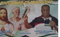 Prophet  Isaac Akoa (Extreme right) on a church banner .
