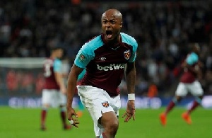 West Ham United's Andre Ayew celebrates after scoring their second goal against Tottenham Hotspur