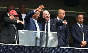 Gianni Infantino and CAF president Patrice Motsepe during Canada and Morocco match at World Cup 2026