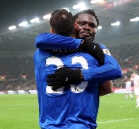 Daniel Amartey is given a hug by Ulloa after both got the two goals for Leicester