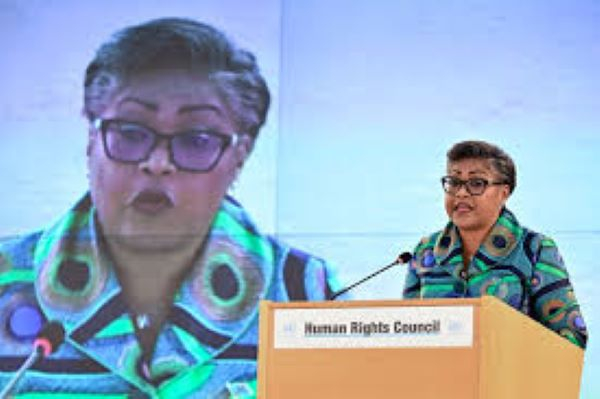DRC Prime Minister Judith Suminwa addresses the UN Human Rights Council in Geneva.