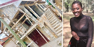 Actress Fella Makafui and a picture of the house being constructed for her mother