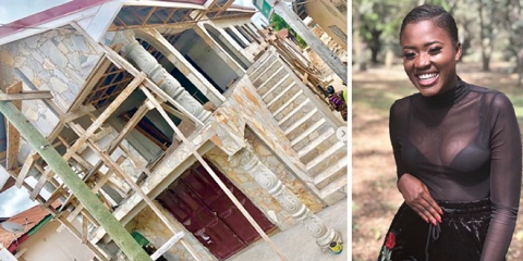 Actress Fella Makafui and a picture of the house being constructed for her mother