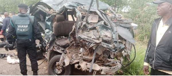 A mangled bus at the accident scene at Akuse Junction