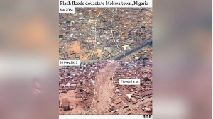 March 2024 Google Earth and BBC drone images from di location showing two views of  bifor and afta