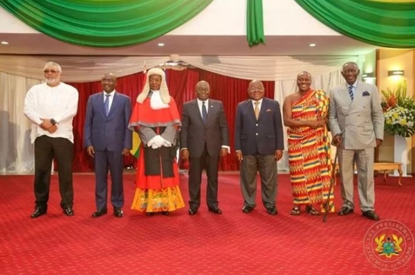 Prez Nana Addo with Fmr Prez John Rawlings, Fmr Prez Kufuor, Mike Oquaye and new CJ Sophia Akufo