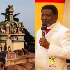 Nogokpo shrine (left), Archbishop Charles Agyinasare (right)