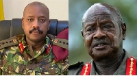 President Yoweri Museveni (R) and son Gen Muhoozi Kainerugaba (L)