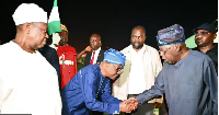 FCT Minister Nyesom Wike bow down dey shake President Bola Tinubu hand