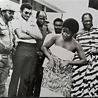 The black and white image shows the late former President Rawlings and former Asantehene Opoku Ware
