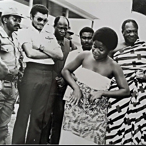The black and white image shows the late former President Rawlings and former Asantehene Opoku Ware