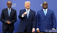 L-R: Paul Kagame, Donald Trump and Felix Tshisekedi attend a signing ceremony in Washington