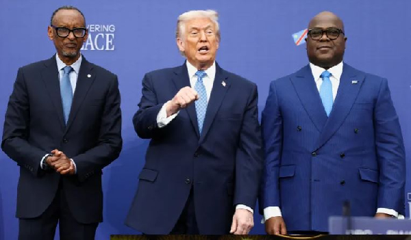 L-R: Paul Kagame, Donald Trump and Felix Tshisekedi attend a signing ceremony in Washington