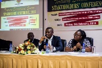 Mustapha Ussif (M), Acting Executive Director of the NSS speaking at the stakeholders' conference