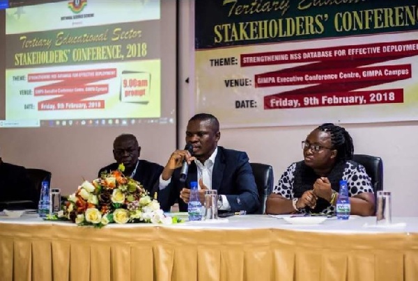 Mustapha Ussif (M), Acting Executive Director of the NSS speaking at the stakeholders' conference