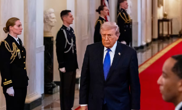 President Donald Trump arrives for a Medal of Honor ceremony in the East Room of the White House