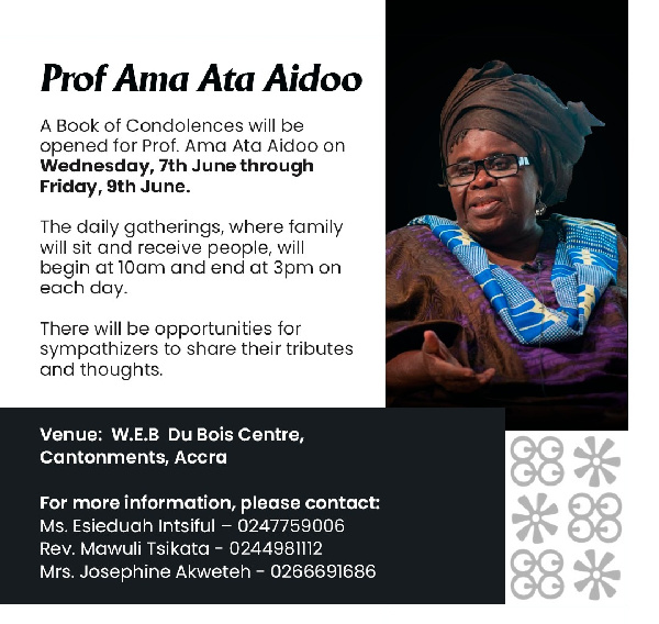 The Book of Condolences will be open on Wednesday in honour of Ama Ata Aidoo