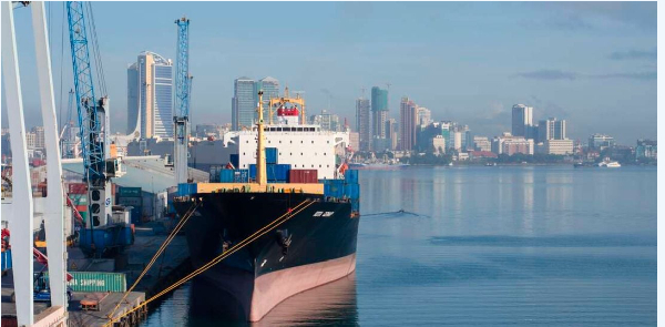 Container terminal and city landscape in port of Dar es Salaam.