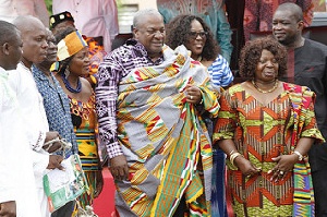 President Mahama in  kente cloth presented to him by the chiefs