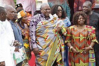 President Mahama in  kente cloth presented to him by the chiefs