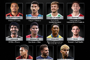 A photo of the nominees for 2025 Puskas Award