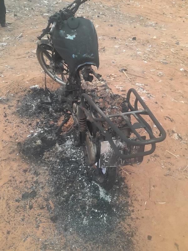 The motorbike of the alleged thief, which was burnt