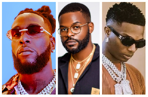 Photo collage of Burna Boy, FalzTheBhadguy, and Wizkid