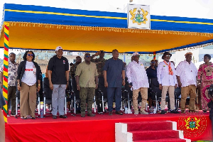 May Day 2026 celebrations with President John Mahama in blue-black dress