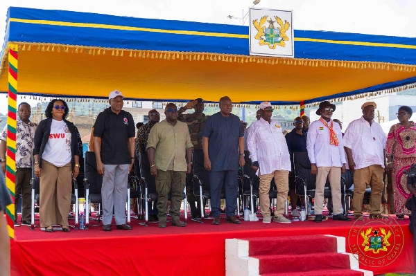May Day 2026 celebrations with President John Mahama in blue-black dress
