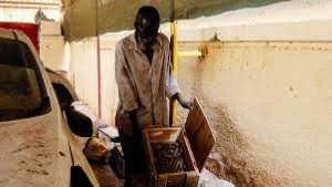 A Sudanese man displays unexploded munitions found at a school in Khartoum