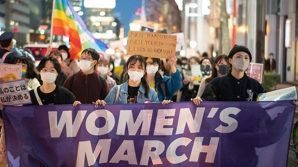 Demonstrators during a Women's Day march in Tokyo, Japan