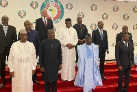 Bola Tinubu, second from left, poses with other West Africa leaders after a meeting in Abuja Nigeria