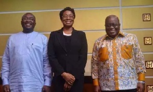 Justice Sophia Akuffo [middle] with President Akufo-Addo [Right] and his vice, Dr Bawumia [Left]