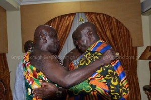 Okyenhene, Osagyefo Amoatia Ofor Panin captured in a warm embrace with Asantehene, Otumfuo Osei Tutu