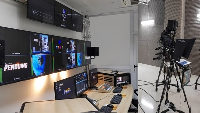 File photo of a split-view of a professional television broadcast facility