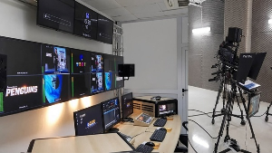 File photo of a split-view of a professional television broadcast facility