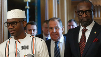Sadio Camara (left), Sergey Lavrov (center), and Abdoulaye Diop in Moscow