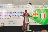 Trade minister Elizabeth Ofosu-Adjare speaking at the Ghana–Italy Circular Economy Dialogue in Accra