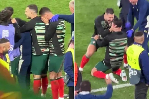 Cristiano Ronaldo (kneeling on the pitch) was elated following Portugal's feat