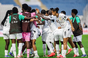Players of the Black Queens celebrating the second goal Players of the Black Queens celebrating the second goal