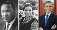 Martin Luther King Jr, Rosa Parks and Barack Obama - Photo Credits: Wikipedia and The White House