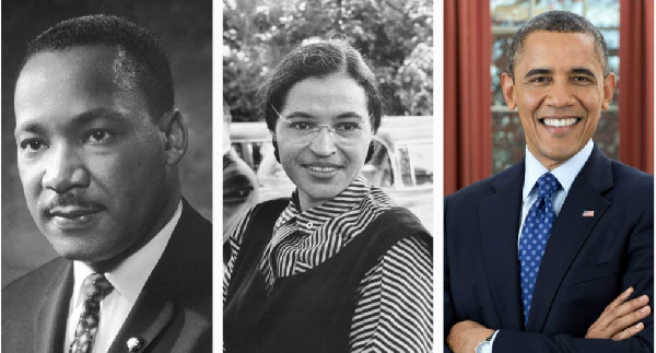 Martin Luther King Jr, Rosa Parks and Barack Obama - Photo Credits: Wikipedia and The White House