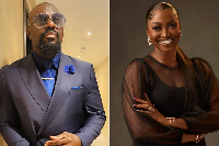 A photo collage of Jim Iyke (L) and Kate Kenshaw (R)