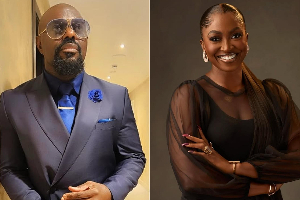 A photo collage of Jim Iyke (L) and Kate Kenshaw (R)