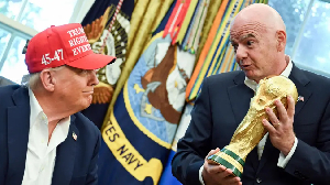 Donald Trump with FIFA President Infantino during the World Cup trophy presentation