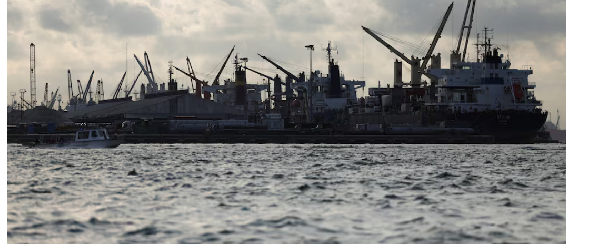 Cranes sit at an oil rig facility, in Lagos Nigeria